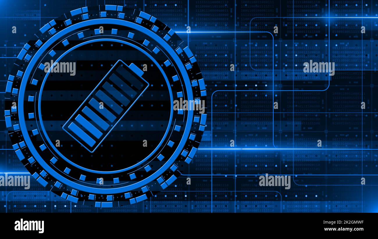 Concetto di energia elettrica e fonte di alimentazione - batteria dell'accumulatore nel livello di carica al centro degli elementi grafici su blocchi di codice binario disposti come una griglia quadrata Foto Stock