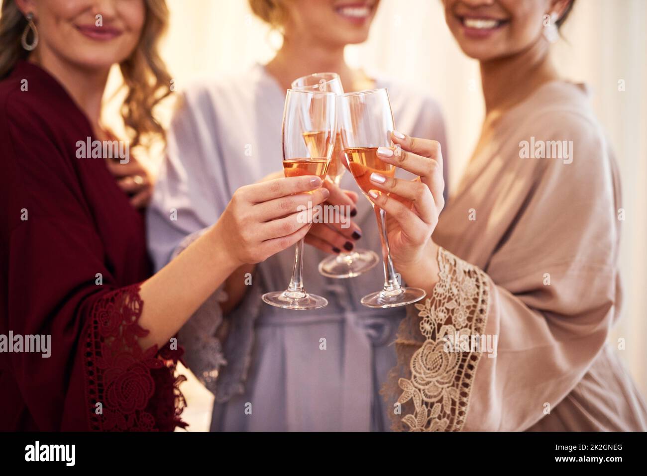 Grazie alla sposa. Colpo corto di una sposa irriconoscibile e le sue bridesmaids che fanno un brindisi con i wineglasses nella loro stanza della toletta prima del matrimonio. Foto Stock