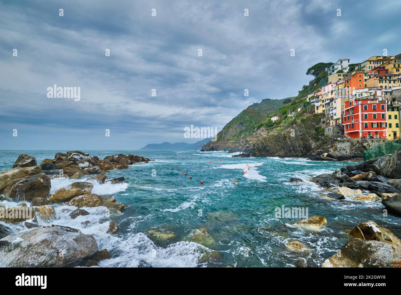 Borgo di Riomaggiore, Cinque Terre Liguria, Italia Foto Stock