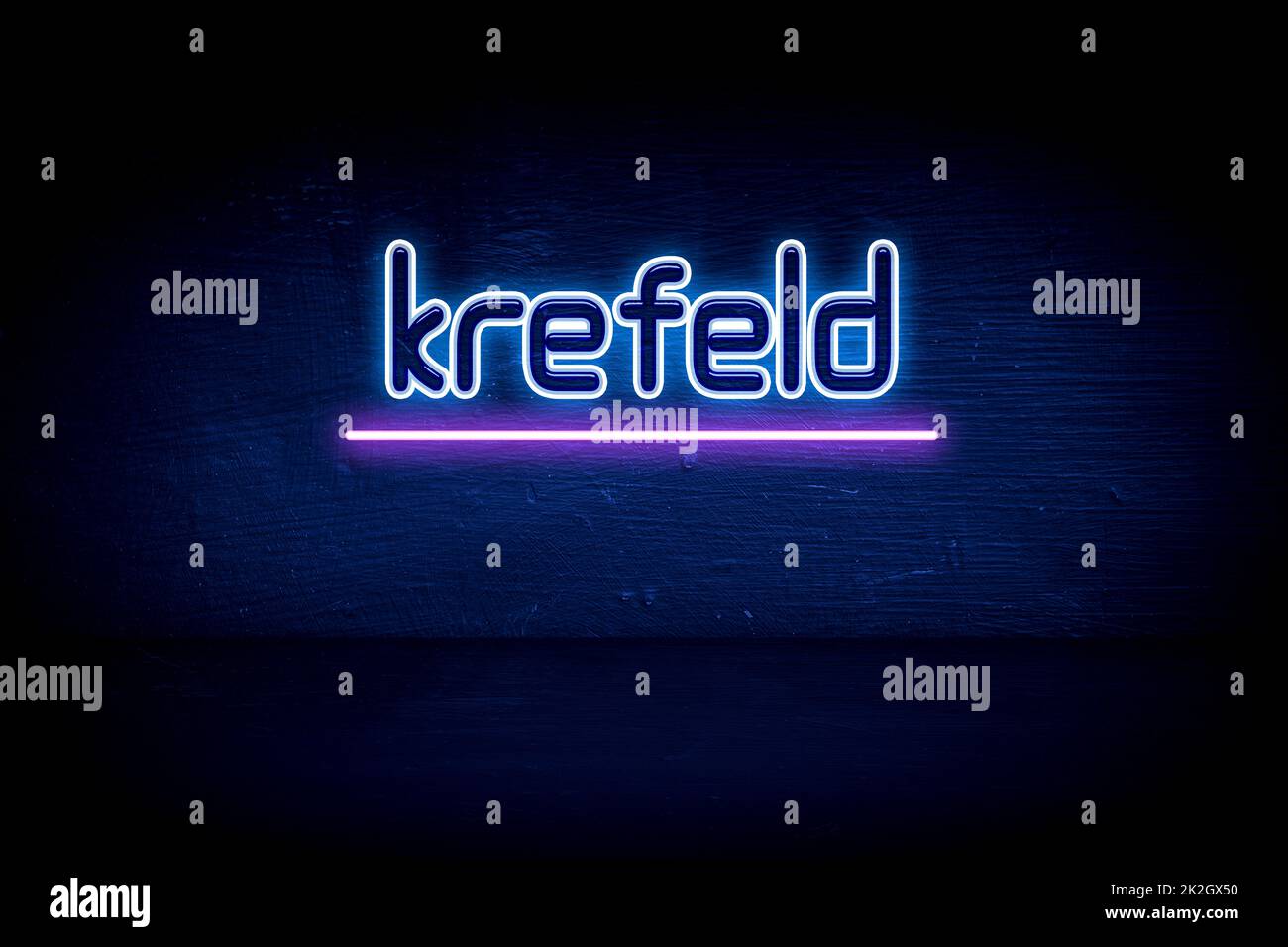 Krefeld - cartello di segnalazione al neon blu Foto Stock