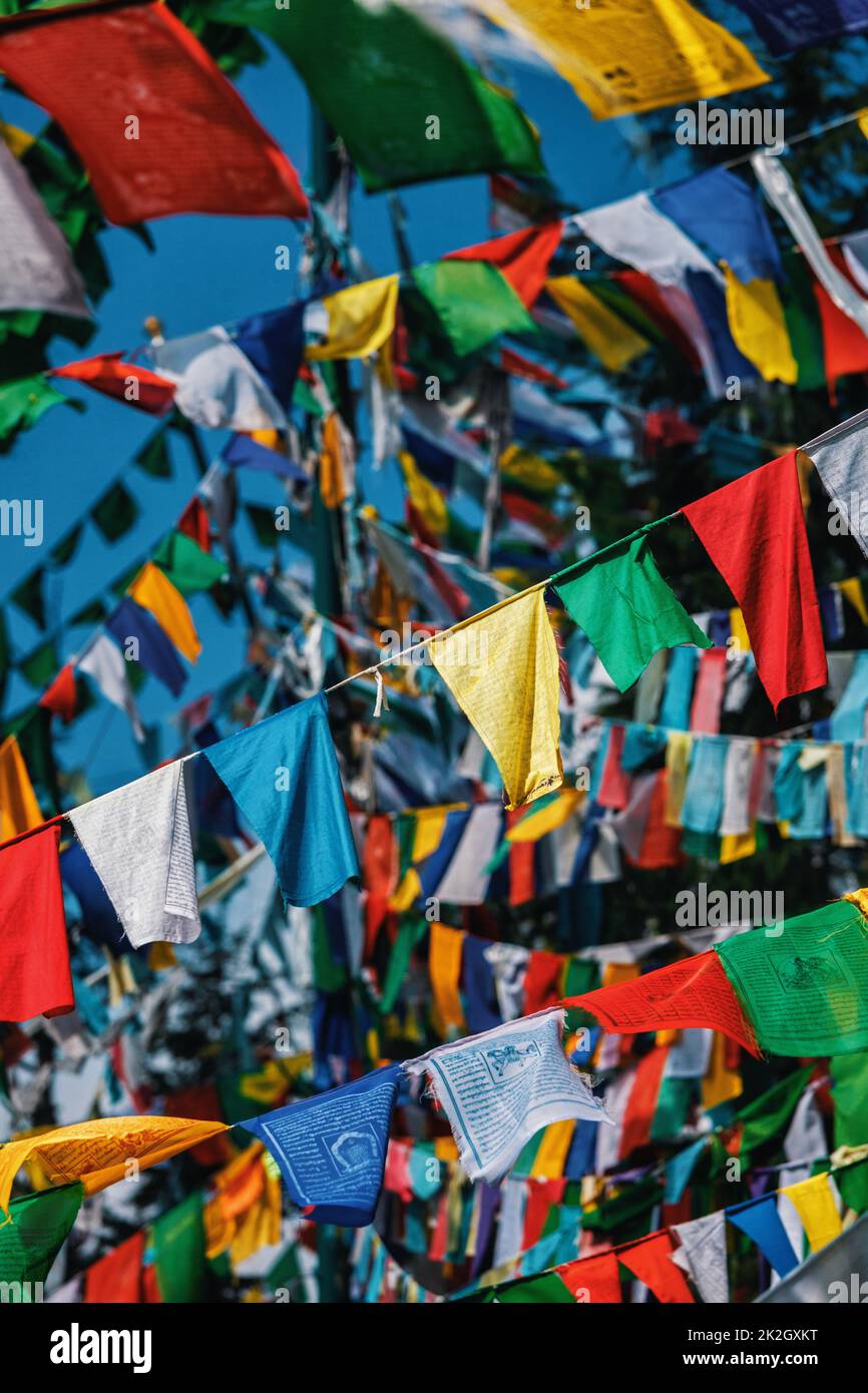 Bandiere buddiste di preghiera lunga a McLeod Ganj, Himachal Pradesh, India Foto Stock