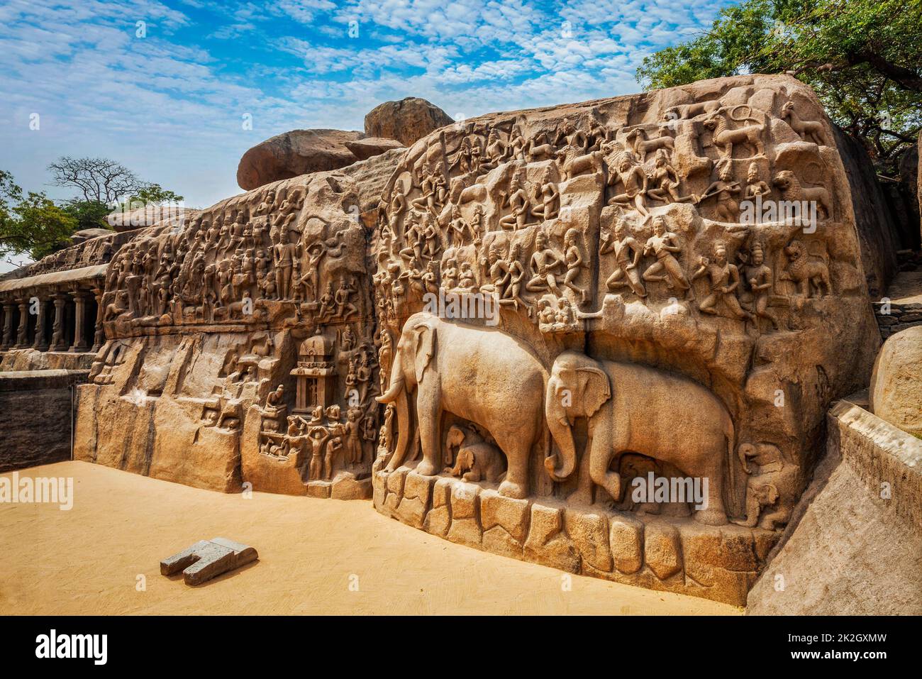 Discesa del Gange e della Penitenza di Arjuna, Mahabalipuram, Tamil Foto Stock