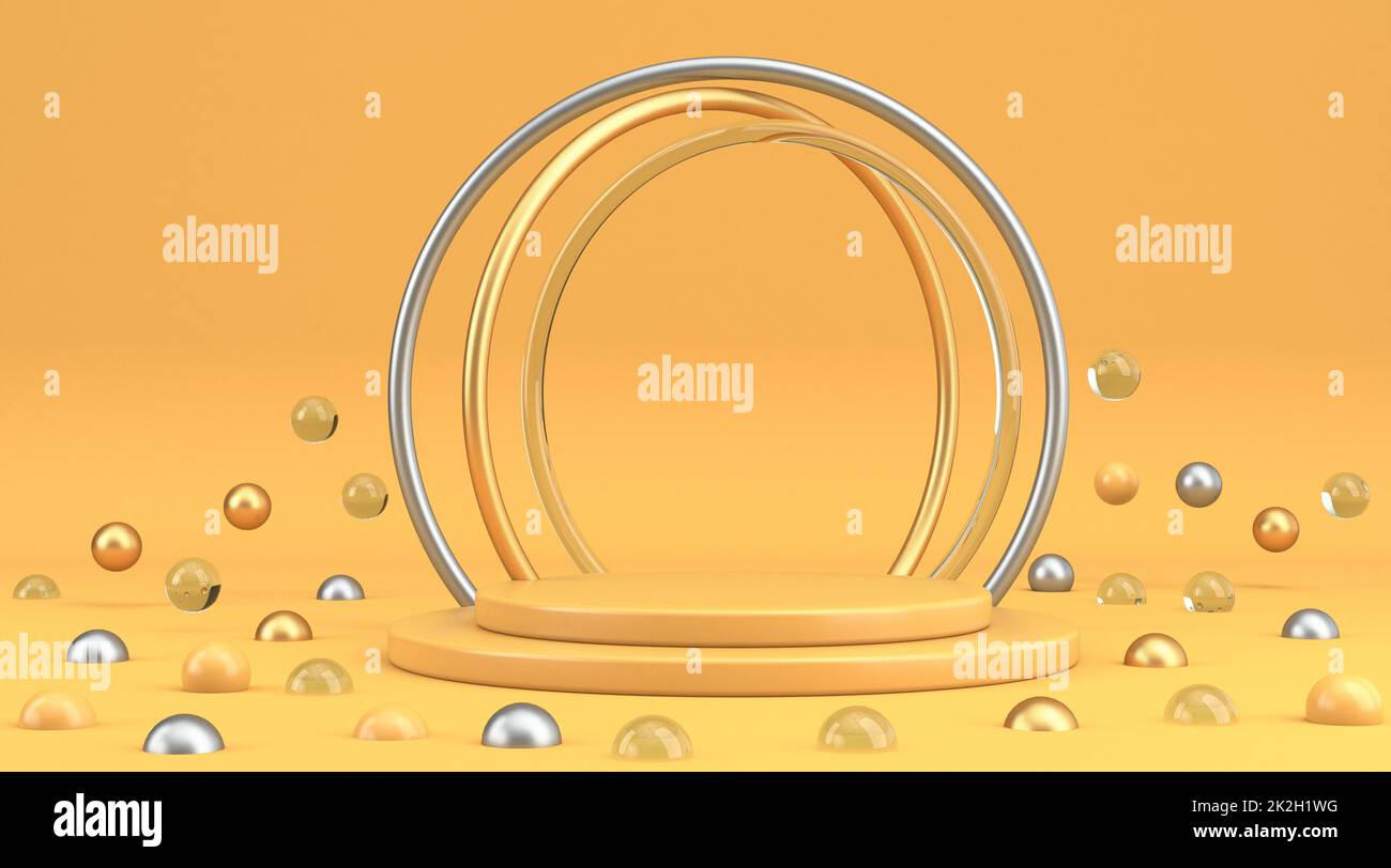 Composizione con anelli e sfere per la dimostrazione del prodotto 3D Foto Stock