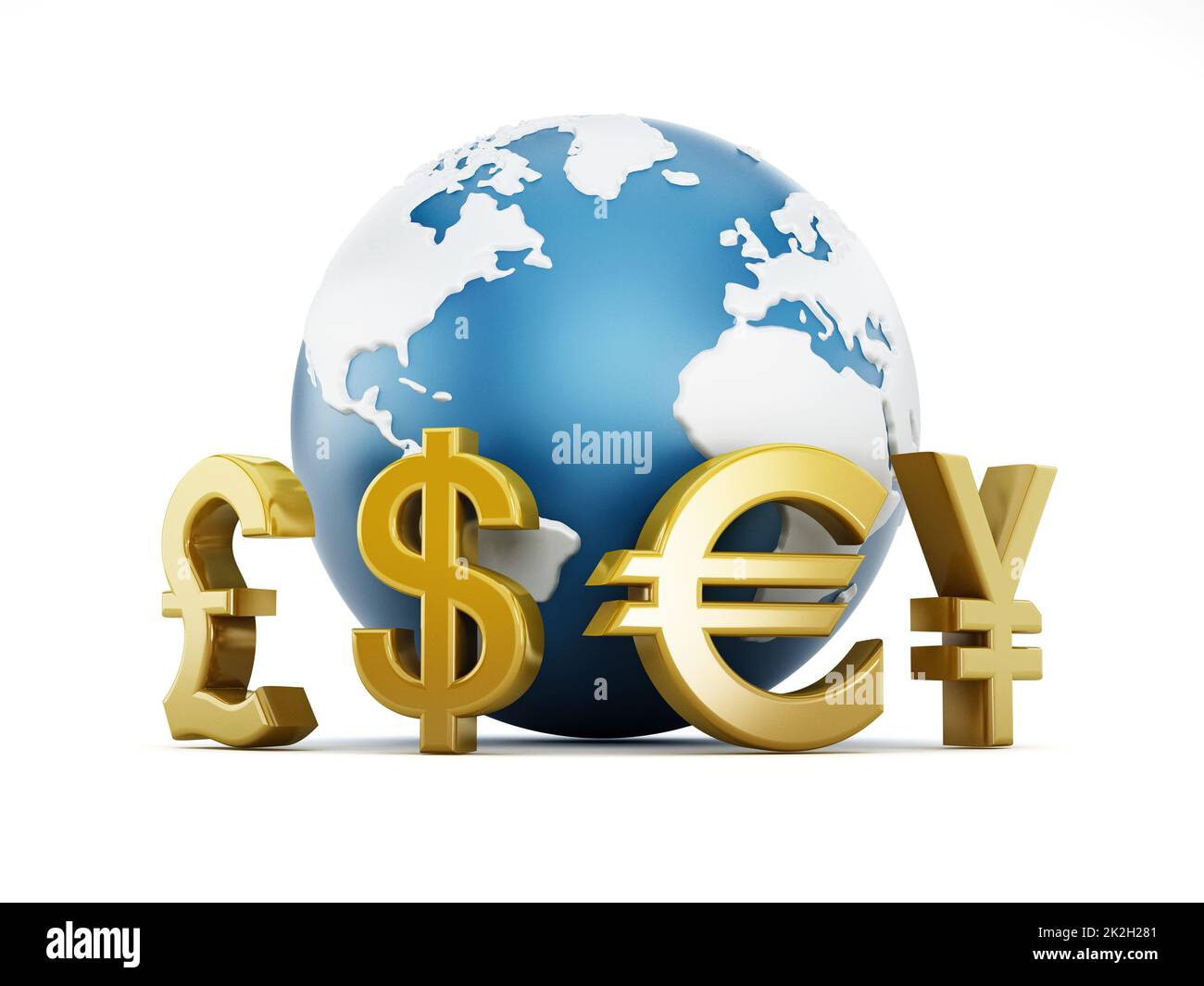 Simboli di valuta intorno alla terra Foto Stock
