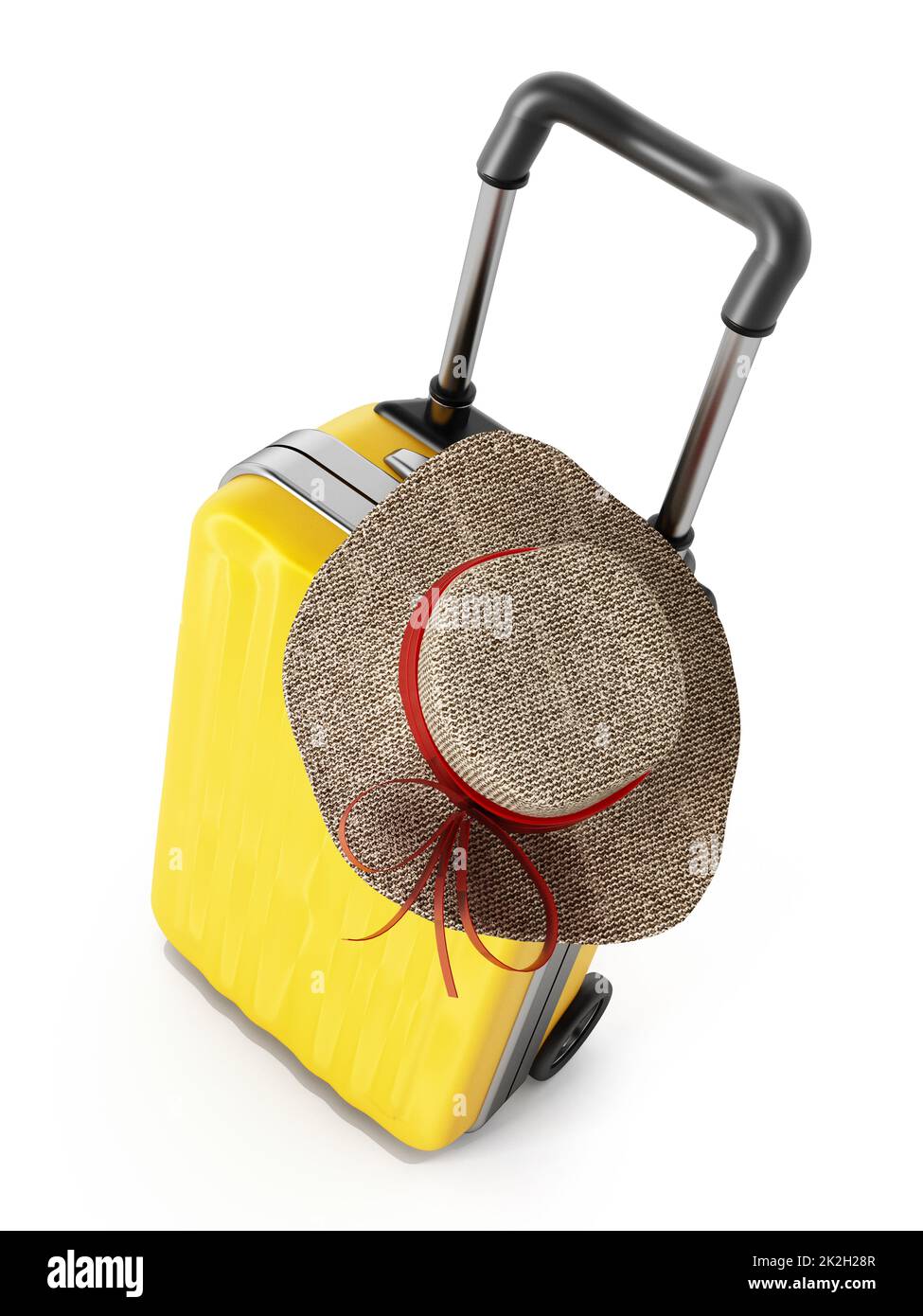 Cappello in piedi sulla valigia gialla Foto Stock