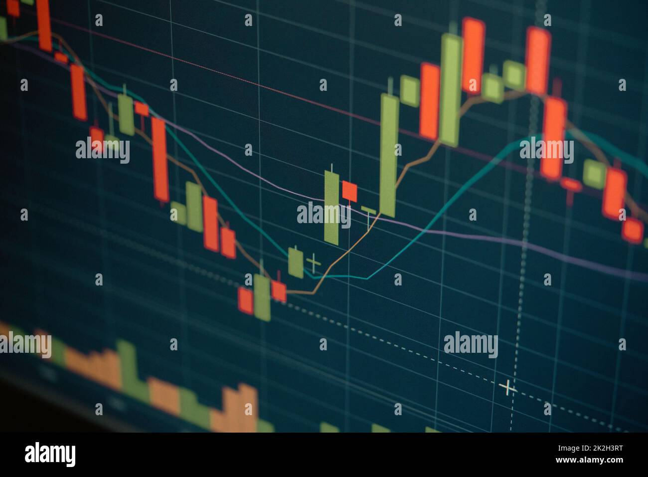 Schermo digitale con grafico di trading finanziario e trend dei prezzi di criptovaluta. Foto Stock