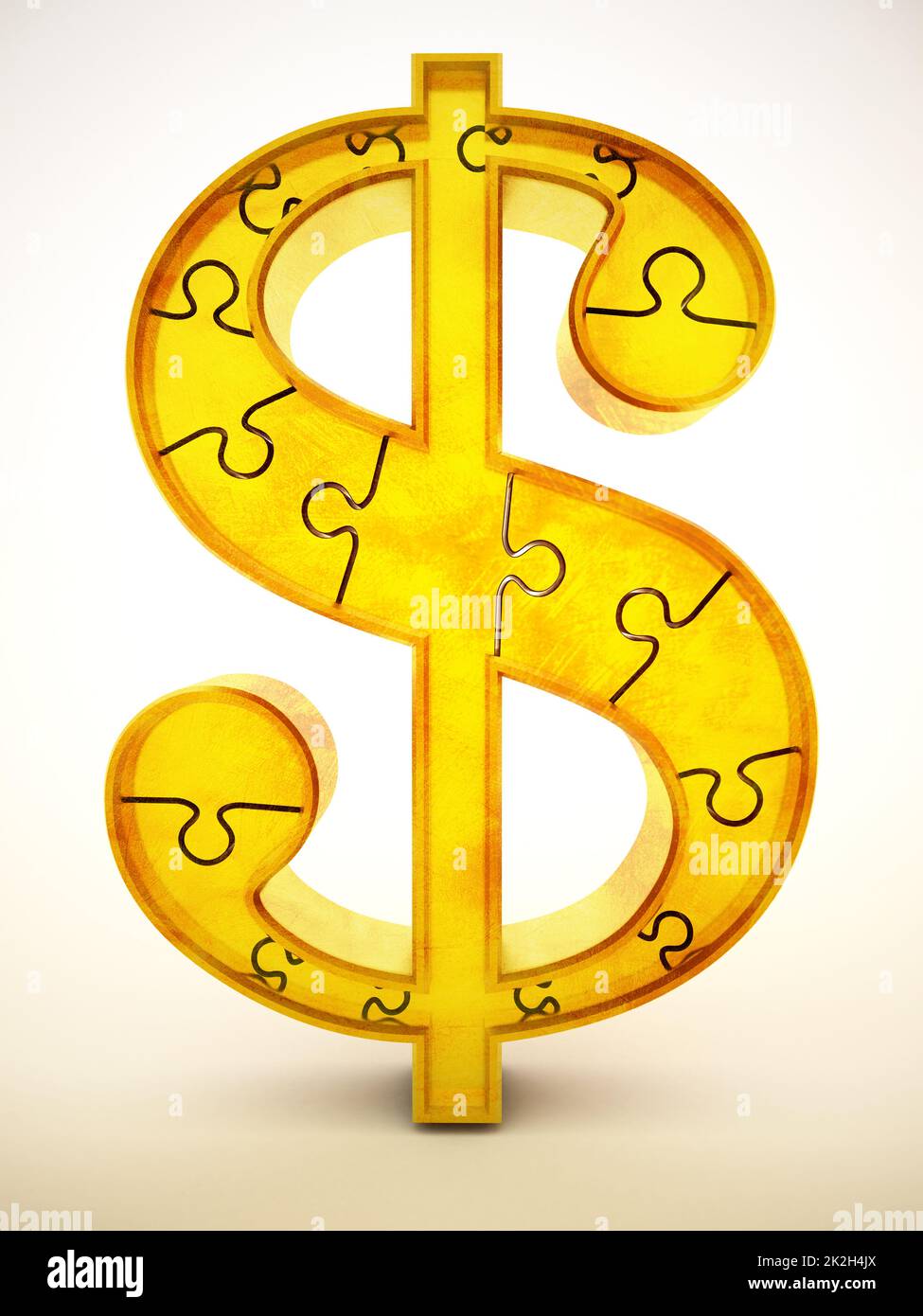 Simbolo del dollaro d'oro fatto di parti di puzzle. Illustrazione 3D Foto Stock