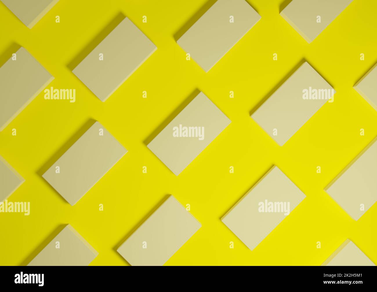 Luminoso, giallo neon, rendering 3D visualizzazione dall'alto minima, semplice e moderna visualizzazione piatta del prodotto da sopra lo sfondo con supporti quadrati ripetitivi in un modello Foto Stock