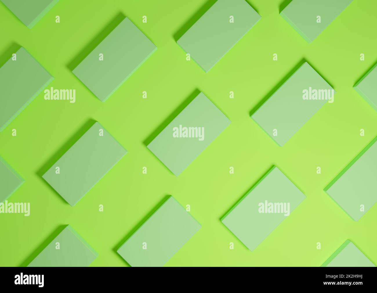 Luminoso, verde al neon, rendering 3D visualizzazione dall'alto minima, semplice e moderna del prodotto a giacitura piatta da sopra lo sfondo con supporti quadrati ripetitivi in un motivo Foto Stock