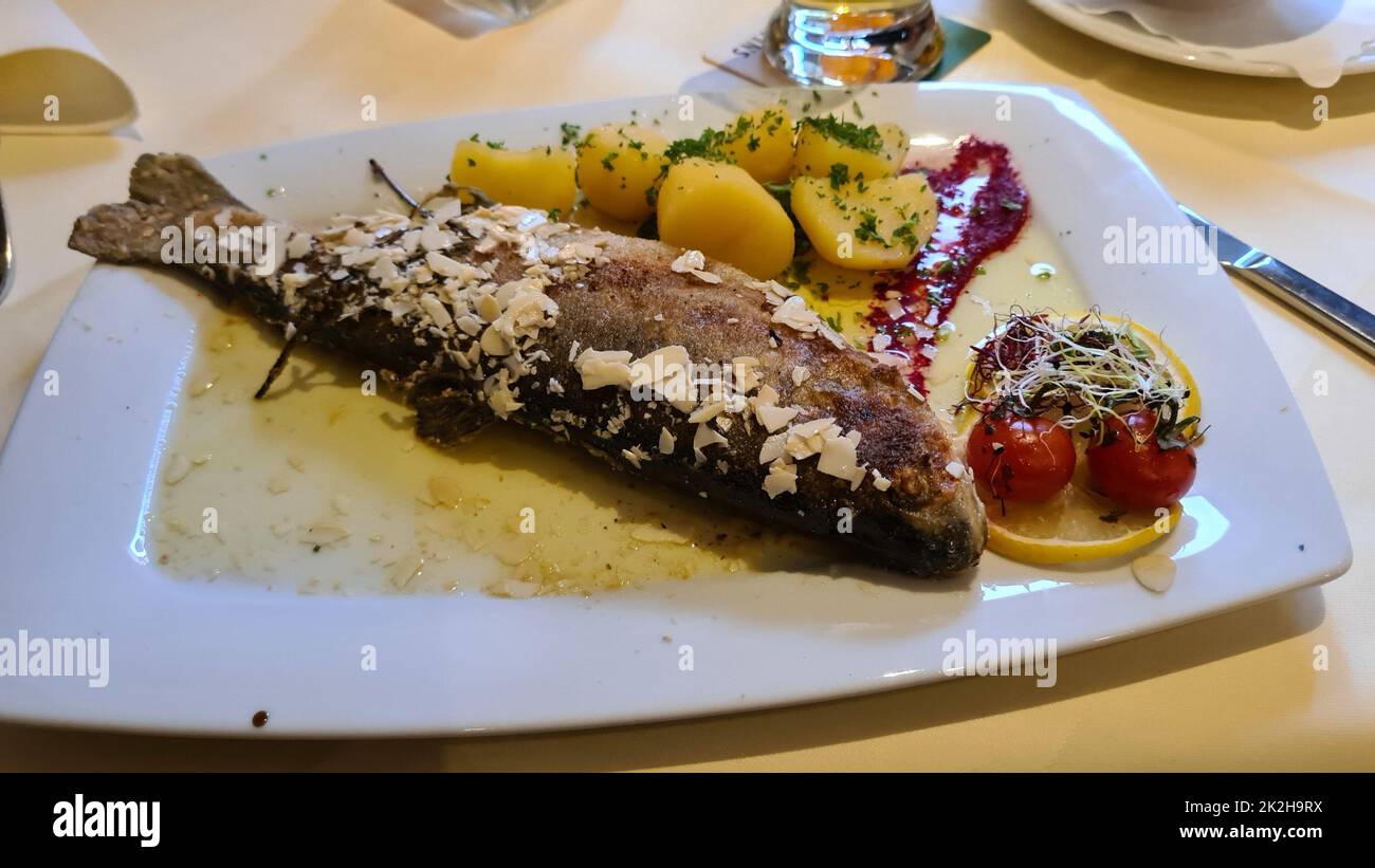 Trota fritta - con patate bollite e insalata Foto Stock
