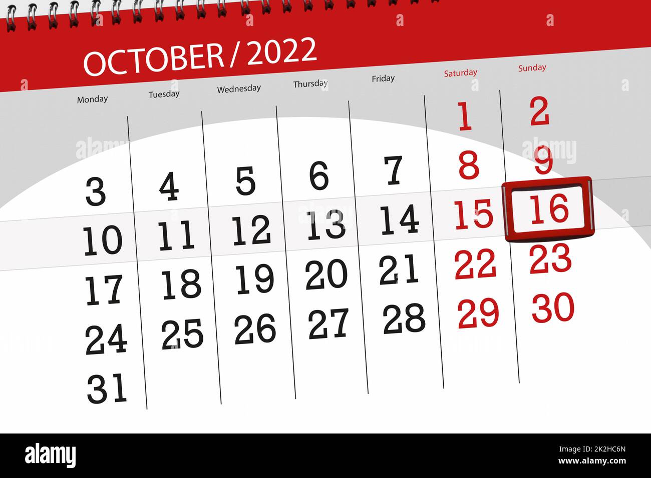 Calendario 2022, scadenza, giorno, mese, pagina, organizzatore, data, ottobre, domenica, numero 16. Foto Stock