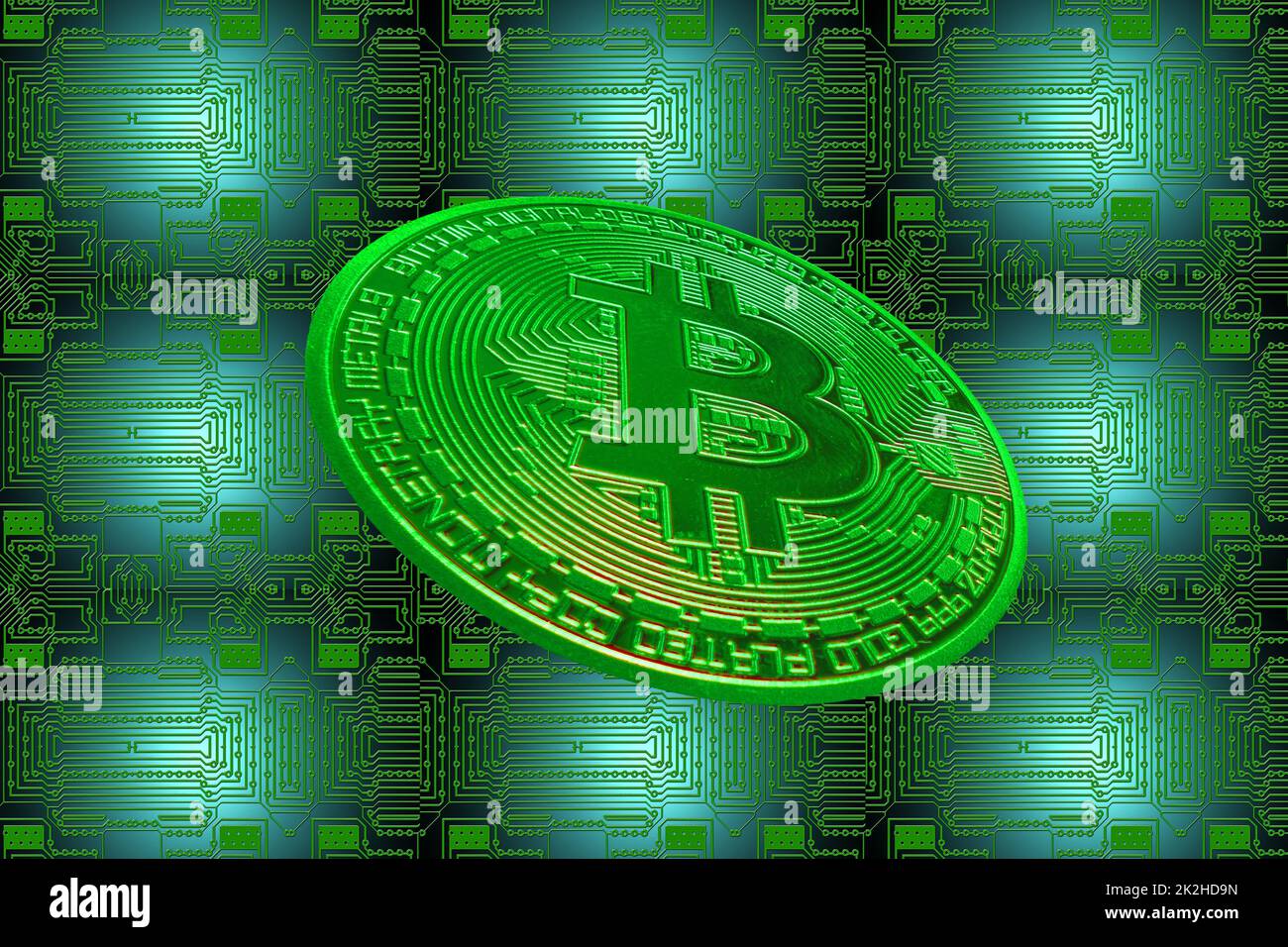 green board e un bitcoin verde di valore da cripto valuta obliqua Foto Stock