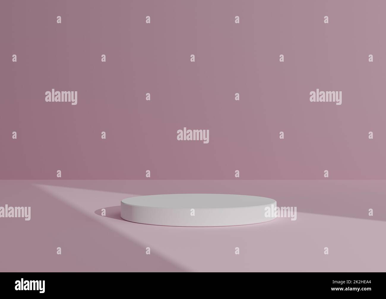 Composizione di rendering 3D semplice e minimale con un cilindro bianco podium o Stand on Abstract Shadow sfondo rosa pastello per visualizzazione prodotto Triangolo luce puntando al prodotto Foto Stock