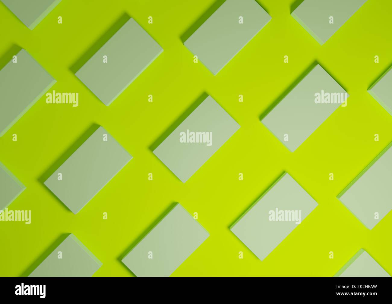 Brillante, lime, verde neon, resa 3D minima, semplice, moderno display piatto con vista dall'alto sullo sfondo con supporti quadrati ripetitivi in un motivo Foto Stock