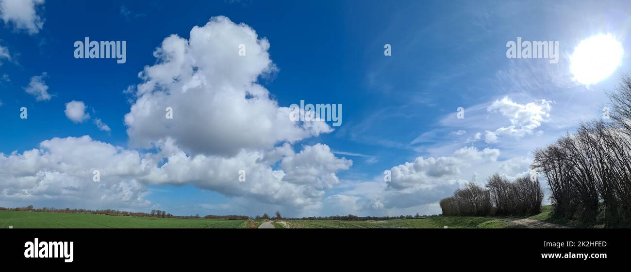 Panorama di un paesaggio di campagna del nord europa con campi e erba verde Foto Stock