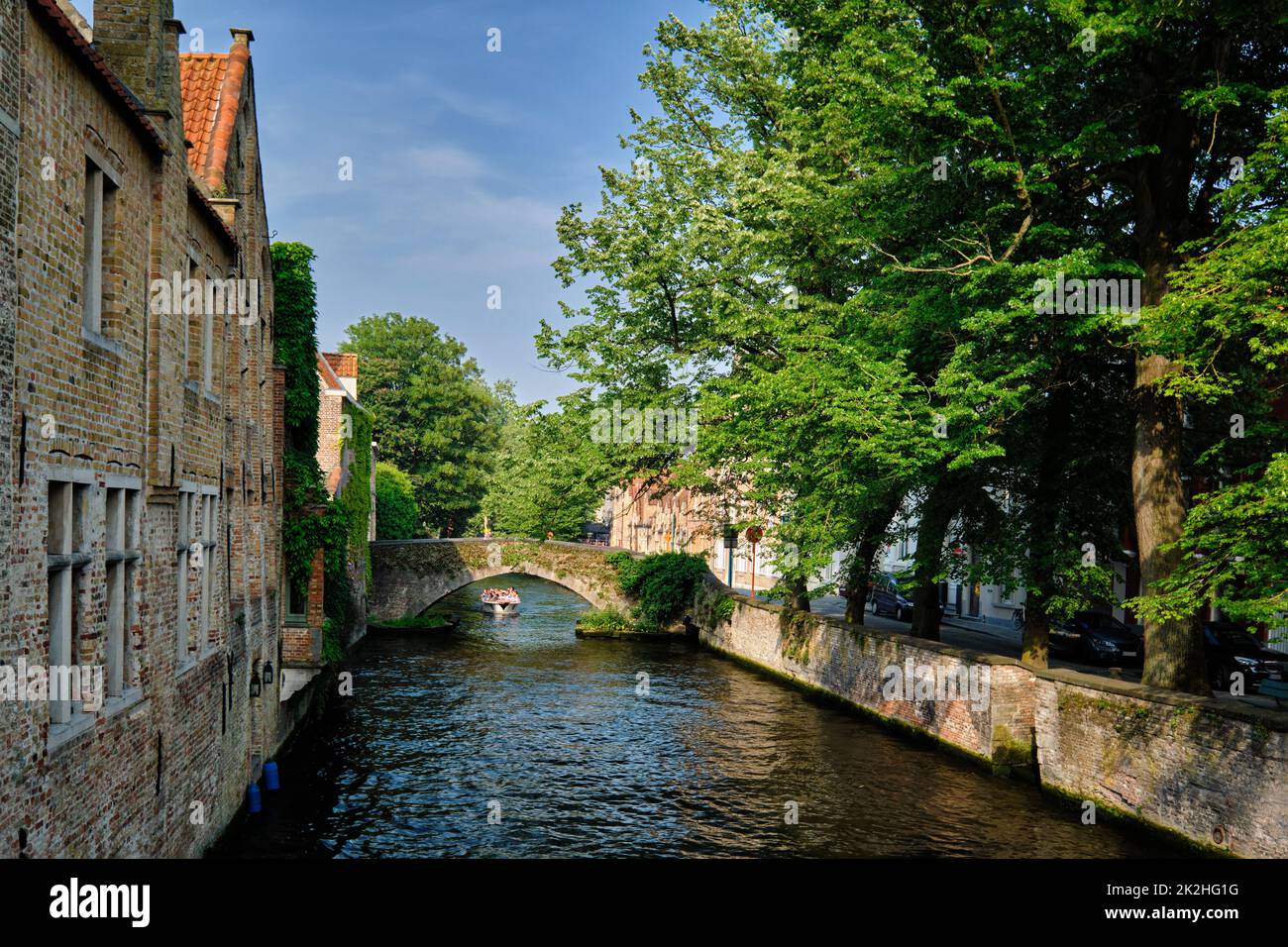 Imbarcazione turistica nel canale. Brugge Bruges, Belgio Foto Stock