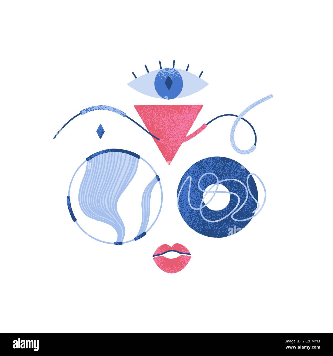 Astratta misteriosa composizione surreale con occhio, diverse forme geometriche testurizzate e linee. Arte contemporanea Foto Stock