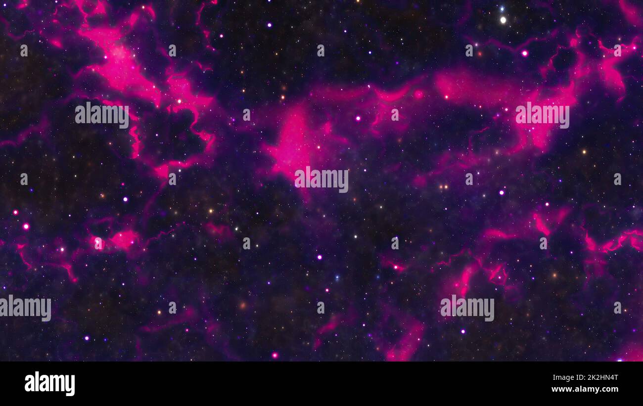 Volo spaziale in un campo Star in Galaxy Clouds e Lightning Nebula Foto Stock