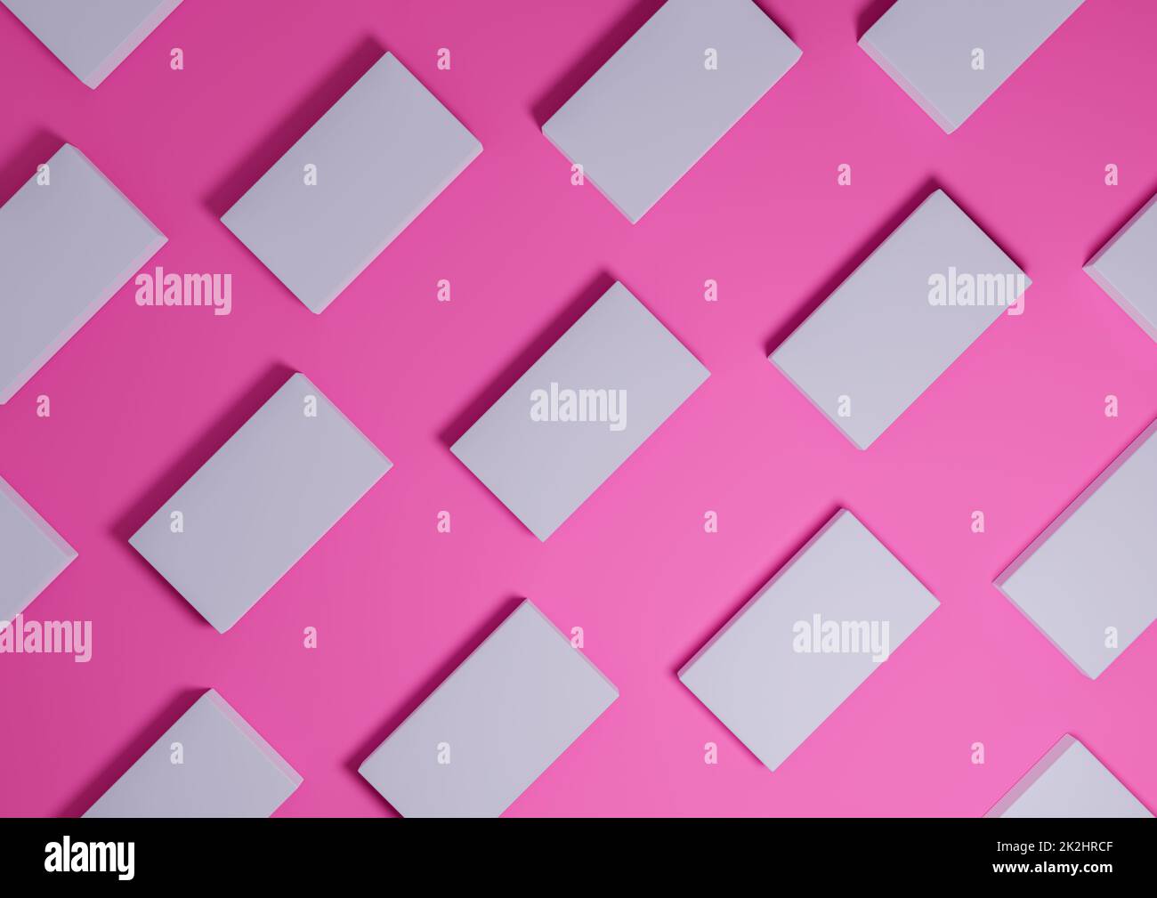 Magenta brillante, rosa neon, rendering 3D visualizzazione minima, semplice e moderna dall'alto del prodotto a giacitura piatta da sopra lo sfondo con supporti quadrati ripetitivi in un motivo Foto Stock
