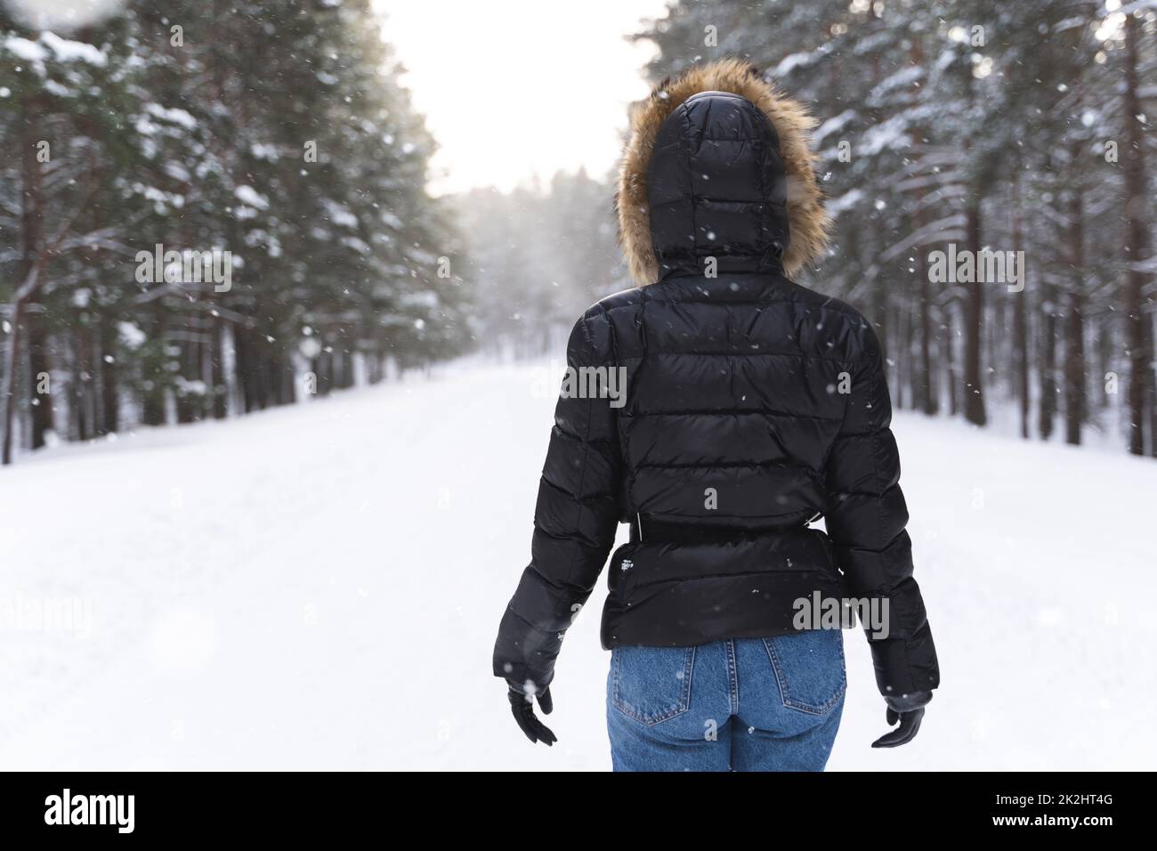 Donna che indossa una giacca con un cappuccio che cammina nel parco durante la fredda giornata invernale Foto Stock