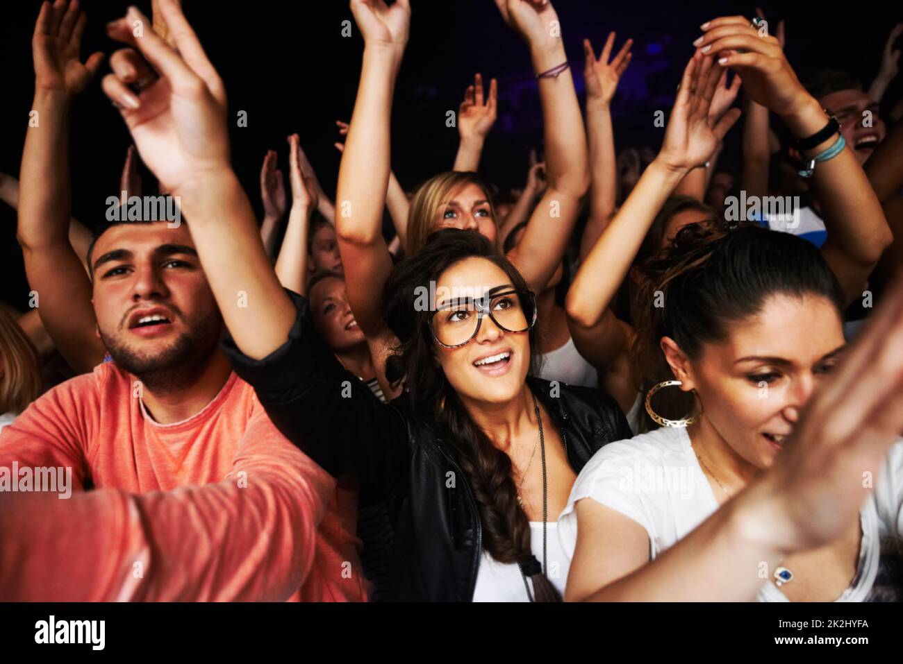 Queste ragazze amano la loro musica. Attraenti fan femminili che si divertono con un concerto- questo concerto è stato creato per l'unico scopo di questo servizio fotografico, con 300 modelli e 3 band dal vivo. Tutte le persone in questo sparo sono modello rilasciato. Foto Stock