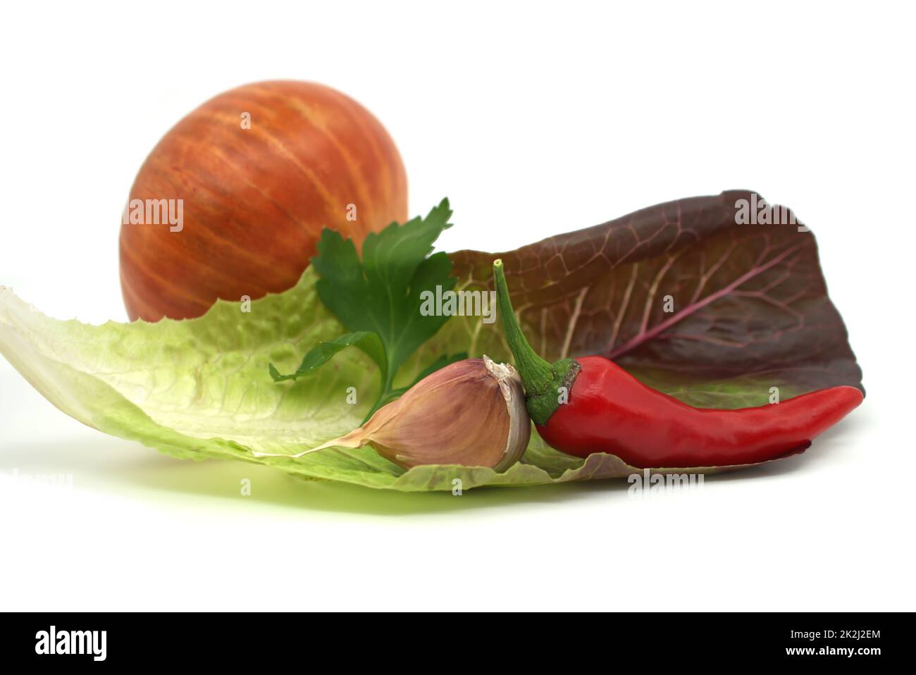 Aglio e peperoncino rosso su foglia di lattuga Foto Stock