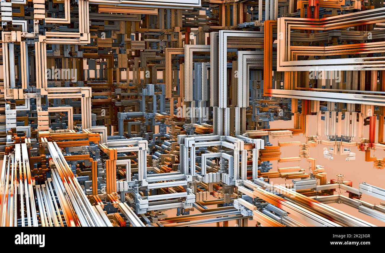 3D Illustrazione di una bella infinita matematica mandelbrot set frattale futuristica struttura metalica Foto Stock