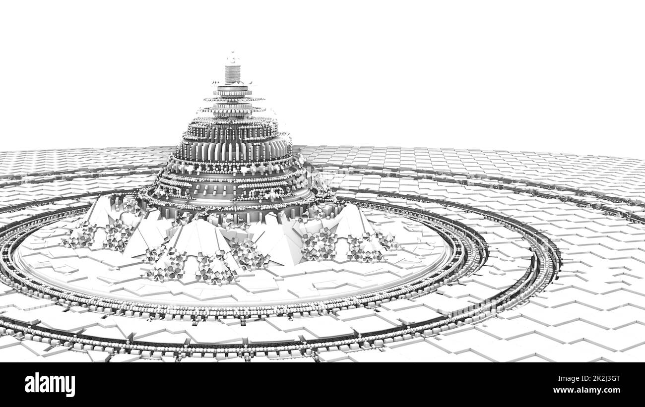 3D Illustrazione di una bella pagoda bianca e nera infinita di mandelbrot Foto Stock