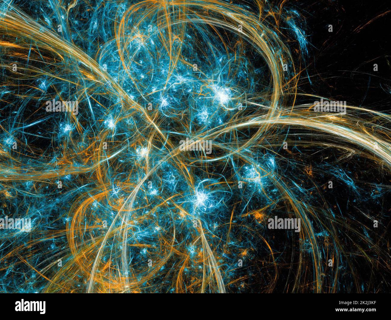 Astratto sfondo artistico frattale, suggestivo di astronomia e nebulosa. Computer generated fracttal illustration ART giallo rete di splash blu Foto Stock