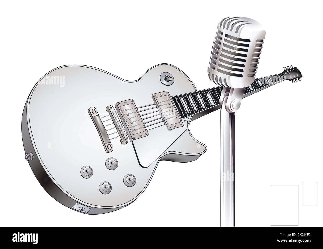 Strumento musicale chitarra e microfono, isolato su illustrazione bianca Foto Stock
