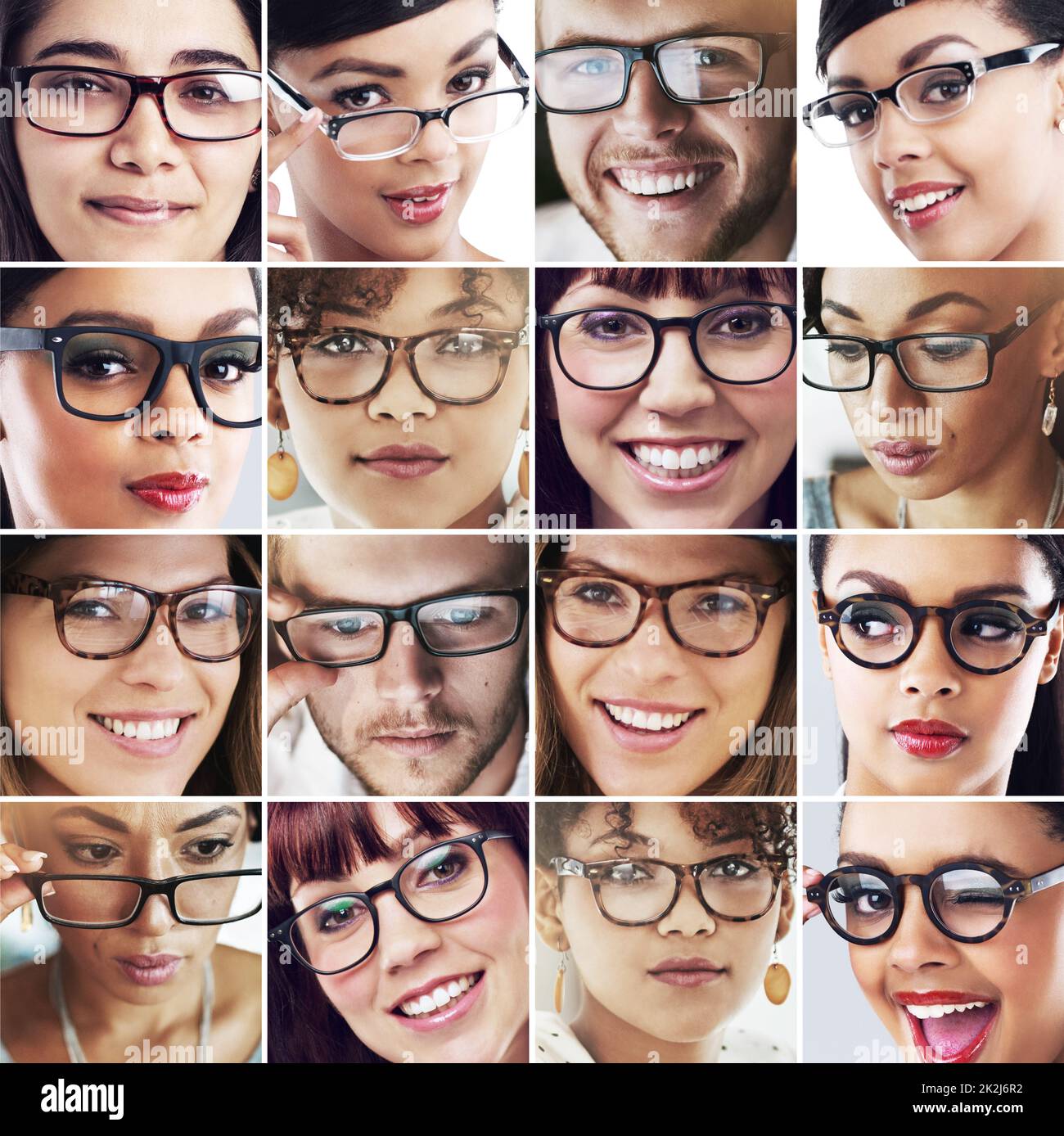 Varietà di visioni. Immagine composita di un gruppo diversificato di persone che indossano occhiali. Foto Stock