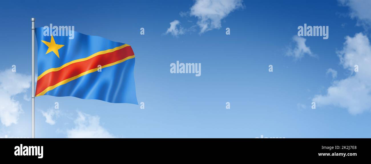Bandiera della Repubblica democratica del Congo isolata su un cielo blu. Banner orizzontale Foto Stock