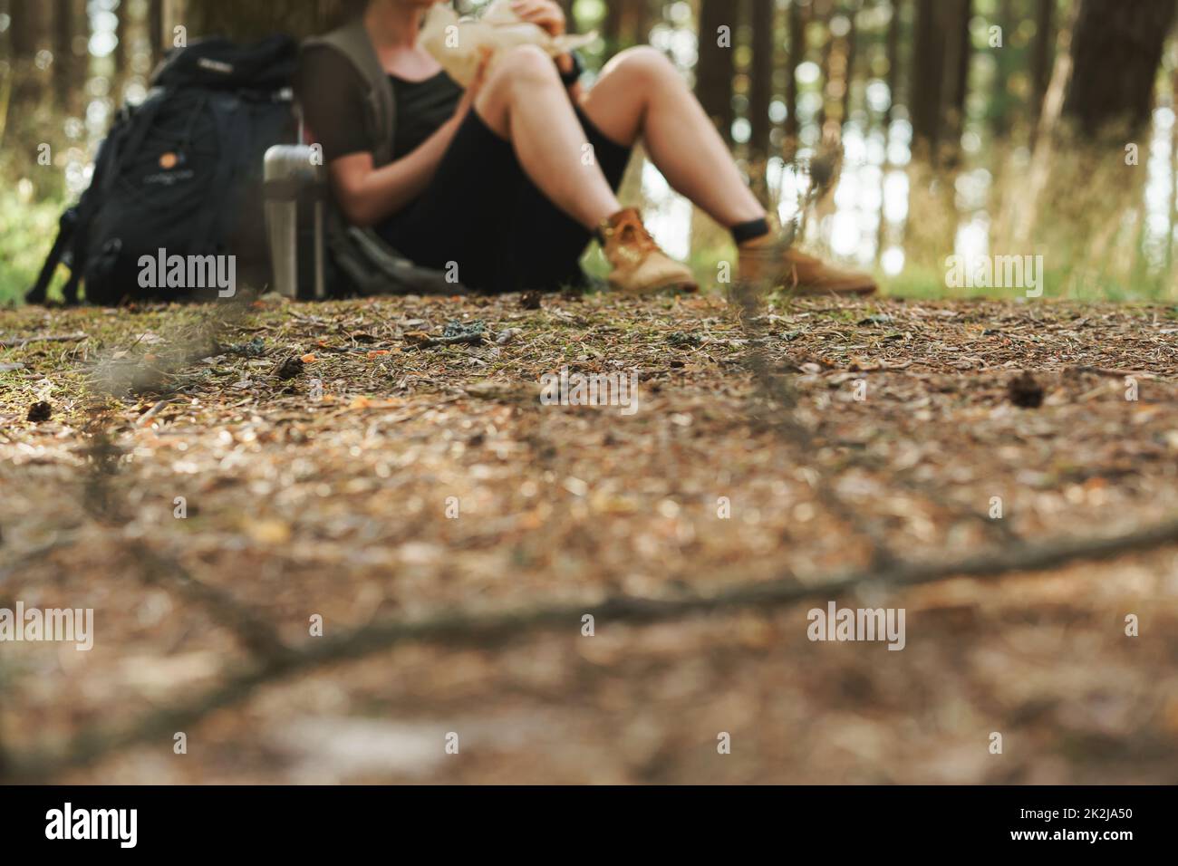 Donna escursionista seduto nella foresta. Concentratevi sul terreno. Foto Stock