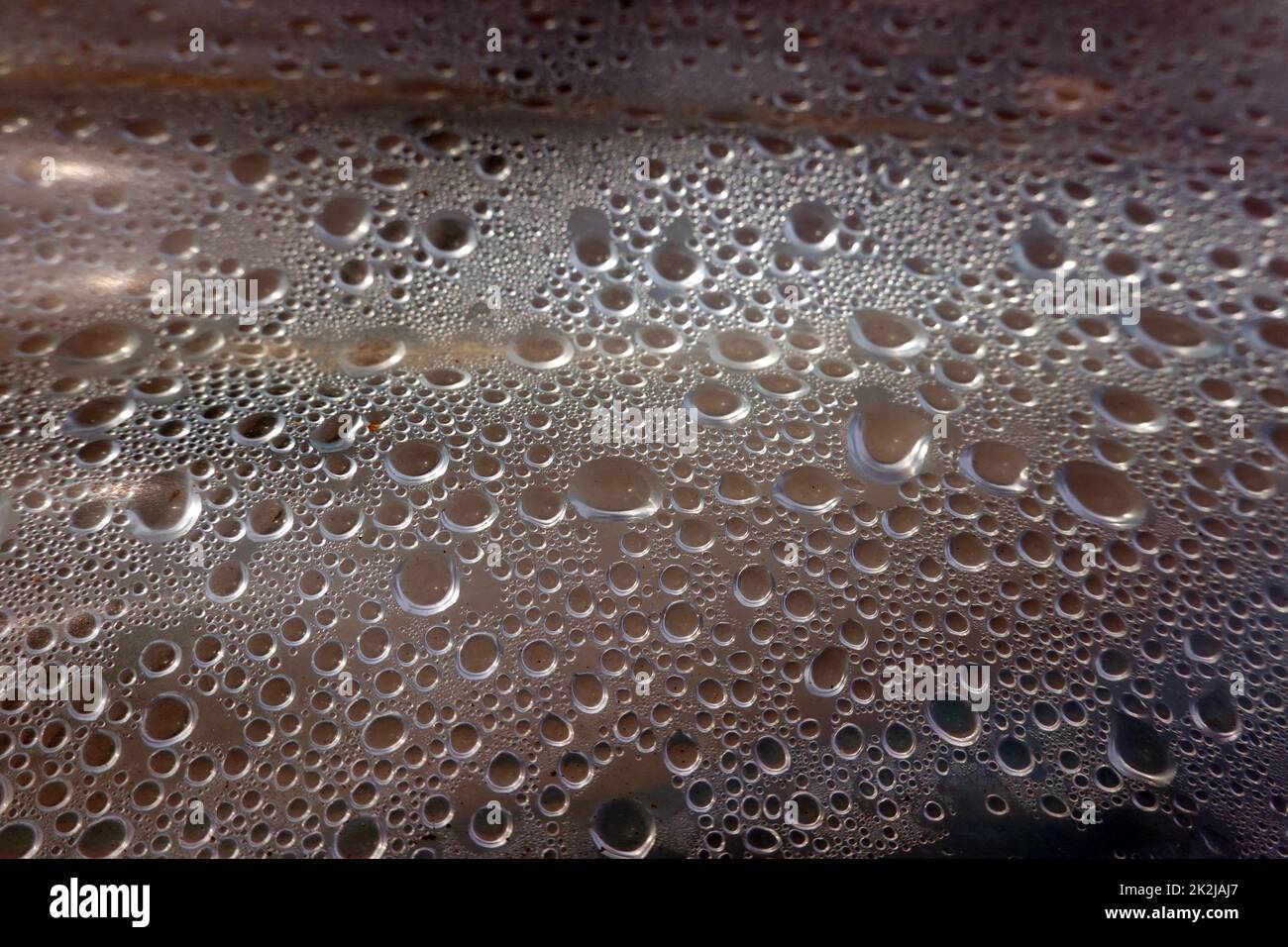 Kondenswasser-Tropfen bilden ein abstraktes Muster unter einer Plastikfolie Foto Stock
