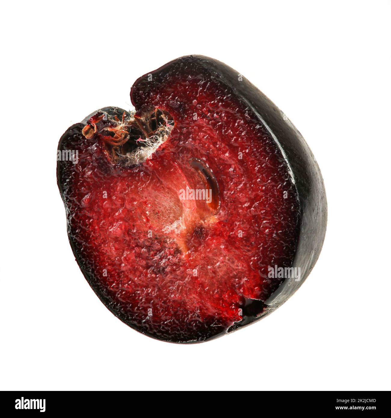 Unico aronia (chokeberry) frutta tagliata a metà, isolato su sfondo bianco. Foto Stock