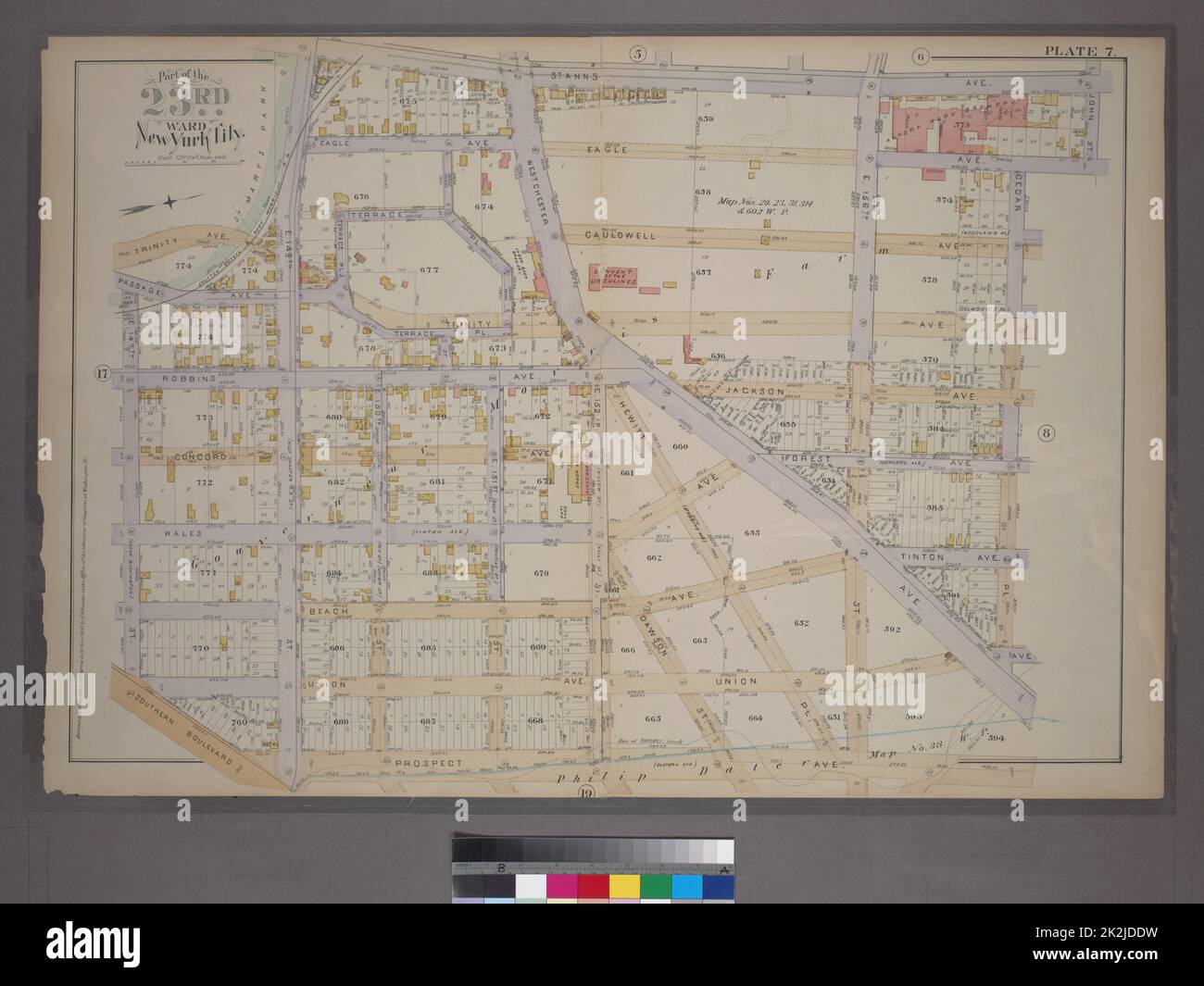 Cartografica, Mappe. 1887. Lionel Pincus e la Principessa Firyal Map Division. New York (N.Y.), Manhattan (New York, N.Y.) Piastra 7: Delimitata da St. Anns Ave., John St., Eagle Ave., Cedar Place, Prospect Ave., Southern Blvd., E. 147th St., Trinity Ave. E E. 149th St. Parte della 23rd Ward, New York City. Foto Stock