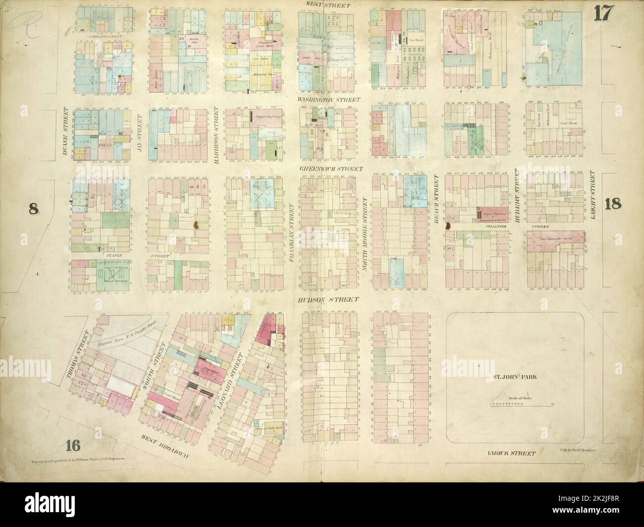 Cartografica, Mappe. 1857 - 1862. Lionel Pincus and Princess Firyal Map Division Plate 17: Mappa delimitata da West Street, Laight Street, Varick Street, West Broadway, Thomas Street, Duane Street; tra cui Caroline Street, Washington Street, Greenwich Street, Staple Street, Collister Street, Hudson Street, Jay Street, Harrison Street, Worth Street, Franklin Street, Leonard Street, North Moore Street, Beach Street, Hubert Street Foto Stock