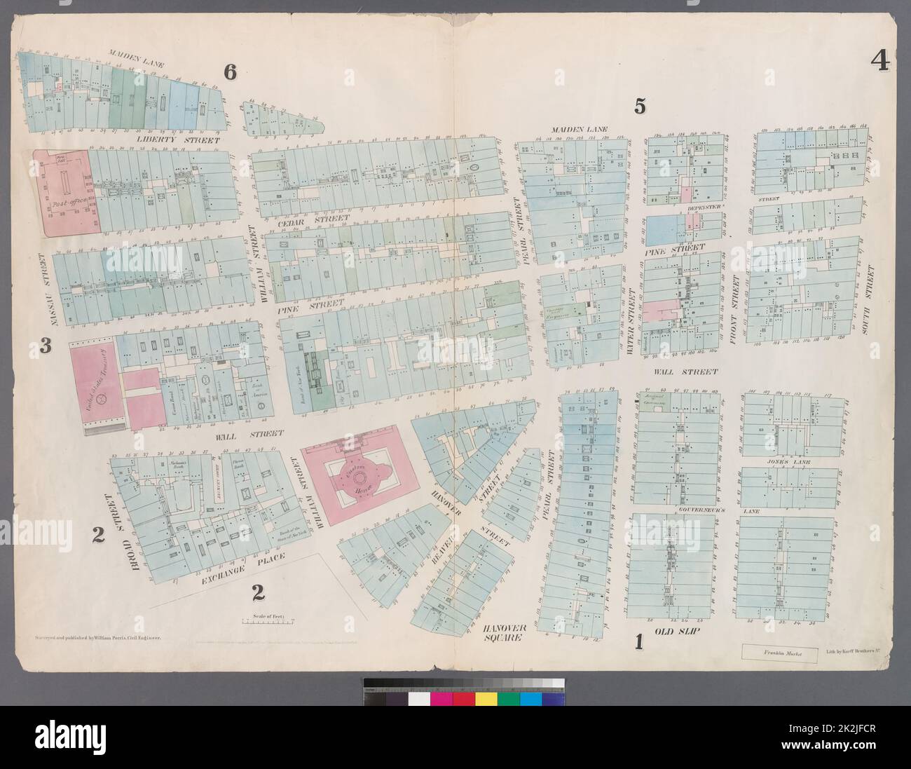 Cartografica, Mappe. 1857. Lionel Pincus e la Principessa Firyal Map Division. Manhattan (New York, N.Y.), Real Property , New York (state) , New York Plate 4: Mappa delimitata da Maiden Lane, South Street, Old Slip, William Street, Exchange Place, Broad Street, Nassau Street Foto Stock