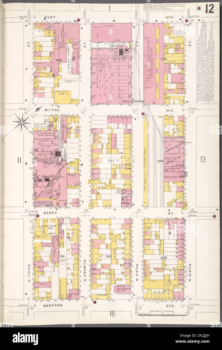 Cartografica, Mappe. 1884 - 1936. Lionel Pincus e la Principessa Firyal Map Division. Assicurazione antincendio , New York (stato), Real Property , New York (stato), Cities & Cities , New York (stato) Brooklyn V. 4, Plate No. 12 Mappa delimitata da Kent Ave., N. 6th St., Bedford Ave., N. 3rd St Foto Stock