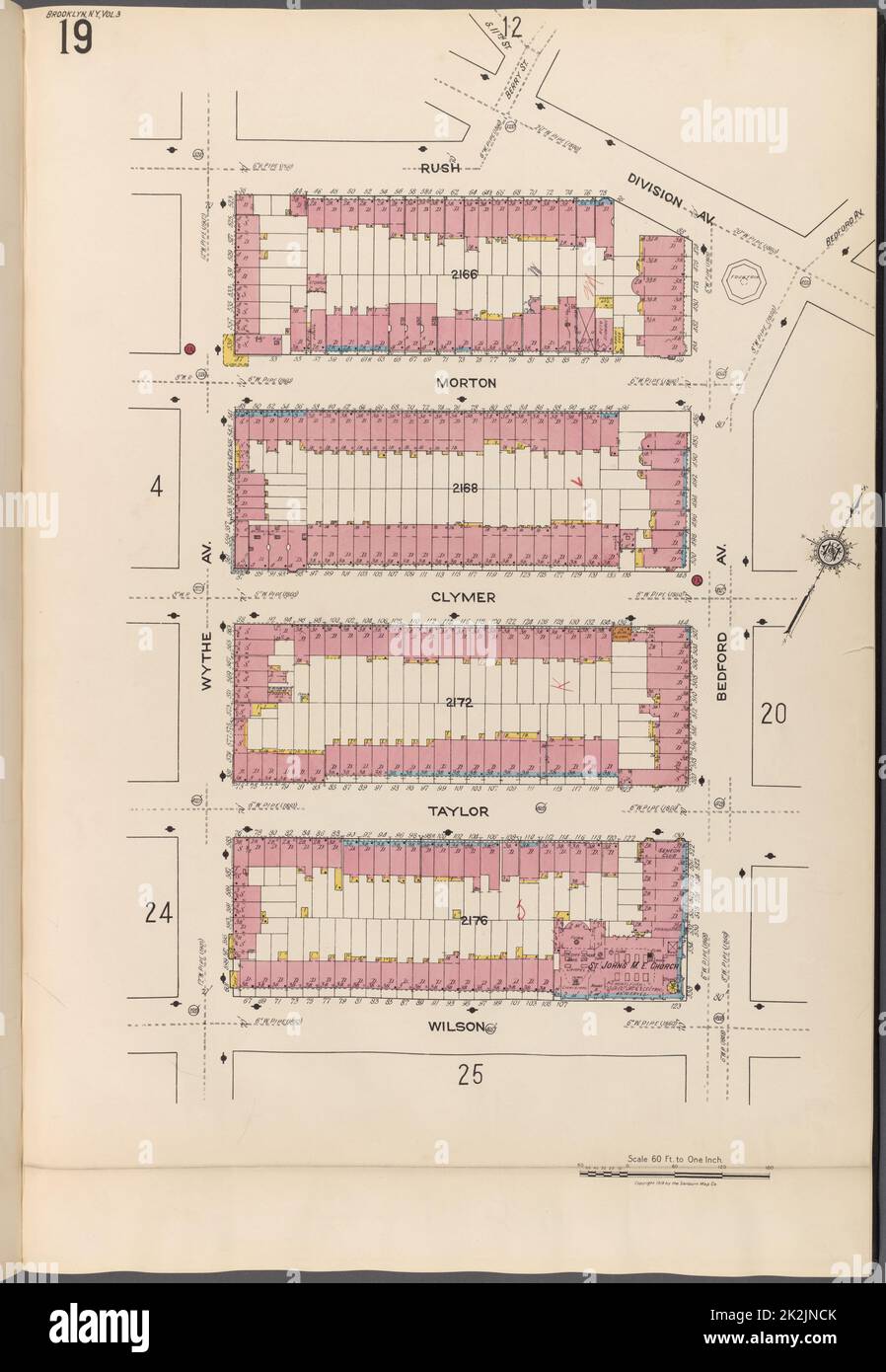 Cartografica, Mappe. 1884 - 1936. Lionel Pincus e la Principessa Firyal Map Division. Assicurazione antincendio , New York (stato), Real Property , New York (stato), Cities & Cities , New York (stato) Brooklyn V. 3, Plate No. 19 Mappa delimitata da Rush, Division Ave., Bedford Ave., Wilson, Wythe Ave. Foto Stock