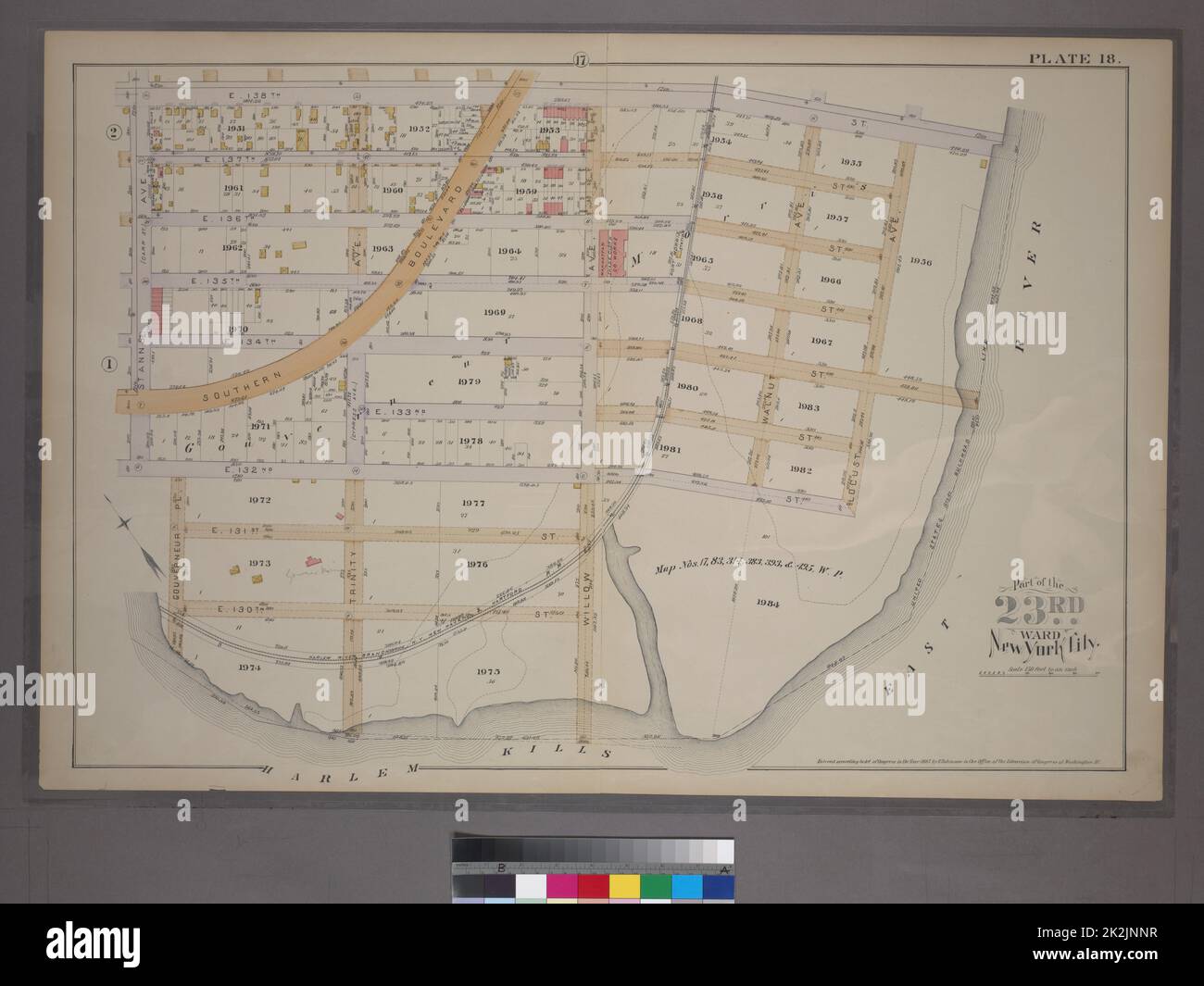 Cartografica, Mappe. 1887. Lionel Pincus e la Principessa Firyal Map Division. New York (N.Y.), Manhattan (New York, N.Y.) Piastra 18: Delimitata da E. 138th St., Locust Ave., E. 132nd St., Willow Ave., E. 130th St., Gouverneur Pl., E. 132nd St. E St. Anns Ave. Parte del 23rd Ward, New York City. Foto Stock