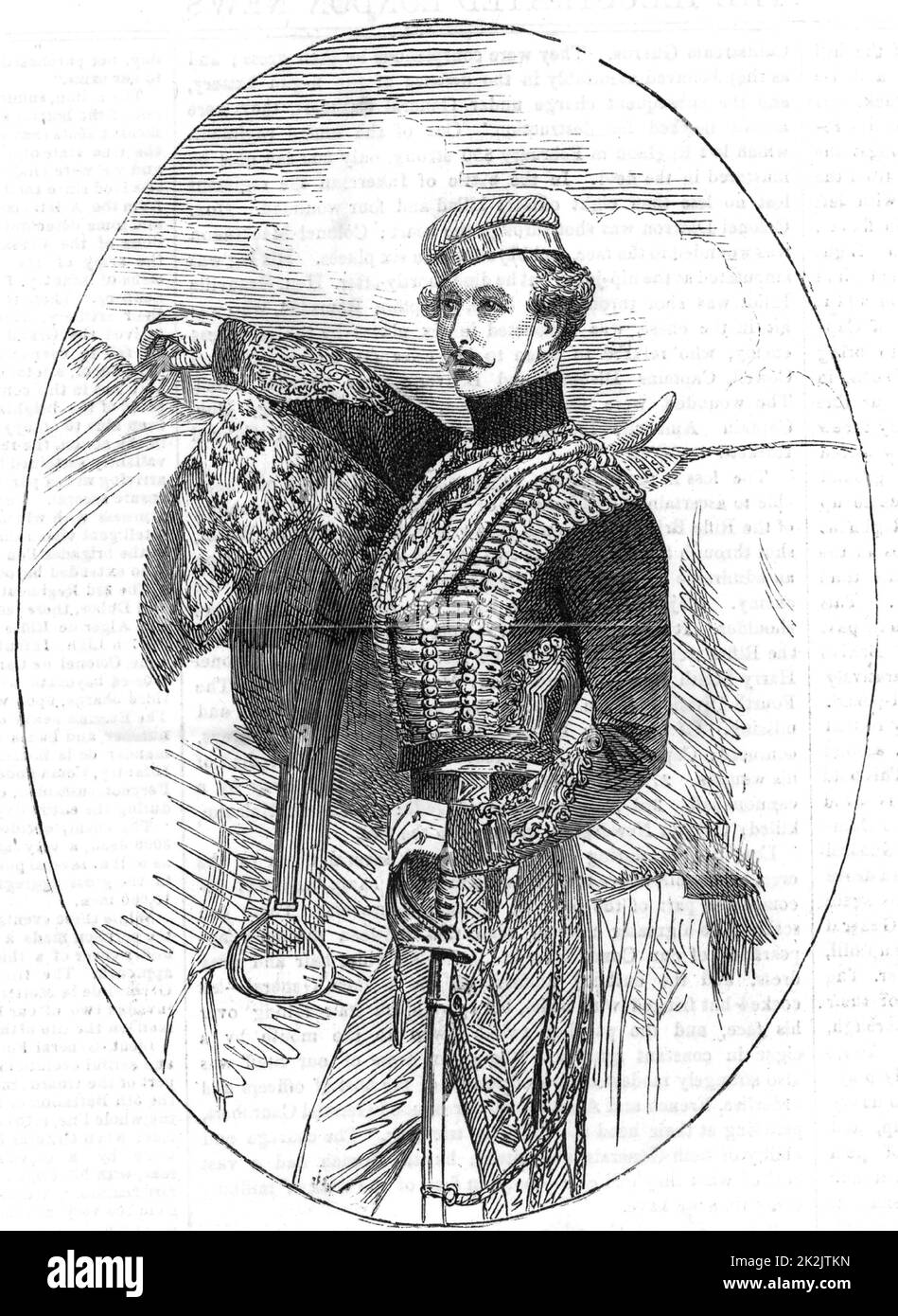 Lewis Edward Nolan (1820?-1854) soldato inglese; capitano di Hussars e scrittore di cavalleria. Portava un ordine disastroso che provocava la carica della Brigata leggera a Balaclava e fu girato mentre cercava di deviare la brigata. Incisione del legno 1854. Crimea (russo-turco) Guerra 1853-1856. Incisione. Foto Stock