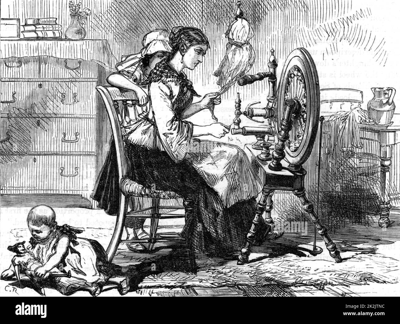 Casalinga femminile che usa una ruota che gira del battistrada. Prima della costruzione di grandi fabbriche e dell'arrivo della produzione di massa, la filatura è stata fatta dalle donne nelle loro case. Spesso la materia prima da filare veniva fornita da un mediatore che raccoglieva il lavoro finito e lo vendeva a tessitori e fabbriche. Da "Great Industries of Great Britain" (Londra, c1880). Incisione. Foto Stock