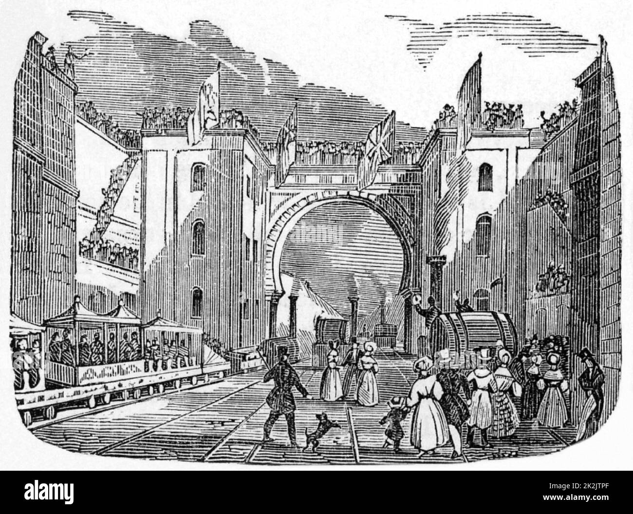 Apertura della ferrovia Liverpool e Manchester, Inghilterra il 15 settembre 1830. L'ingegnere per il lavoro è stato George Stephenson (1781-1848). Legno tagliato da "strade e ferrovie, veicoli e modi di viaggiare" (Londra, c1840). Foto Stock