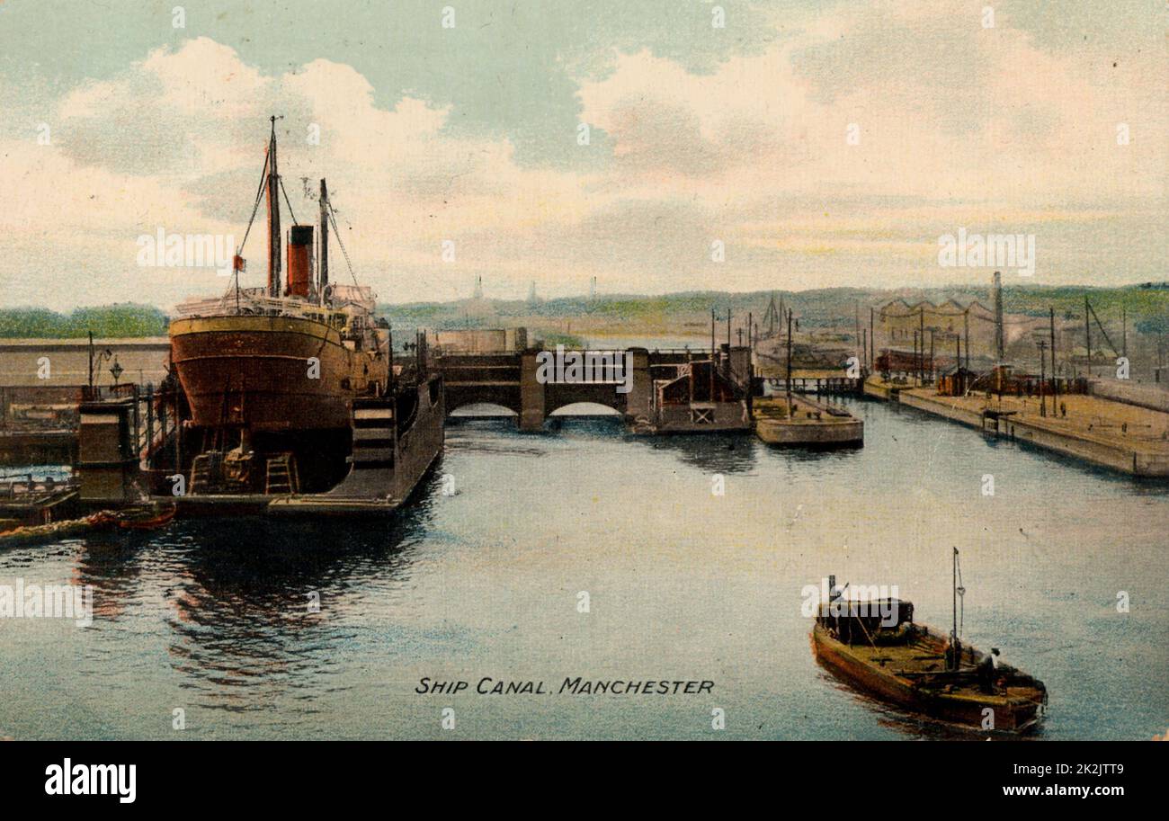 Scena sul Manchester Ship Canal, Inghilterra. Cartolina c1907. Fotografia colorata. Mezzitoni. Foto Stock