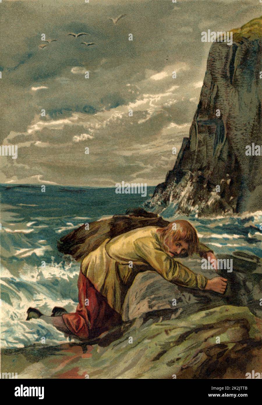 Robinson Crusoe, dopo il naufragio, si è lavato sulle rocce dalle onde. Chromolithograph da 'The Life and Strange Surprising Adventures of Robinson Crusoe' di Daniel Defoe (Londra, 1891). Il libro è stato pubblicato per la prima volta nel 1719. Illustrazione di John Dawson Watson (1832-1892). Foto Stock