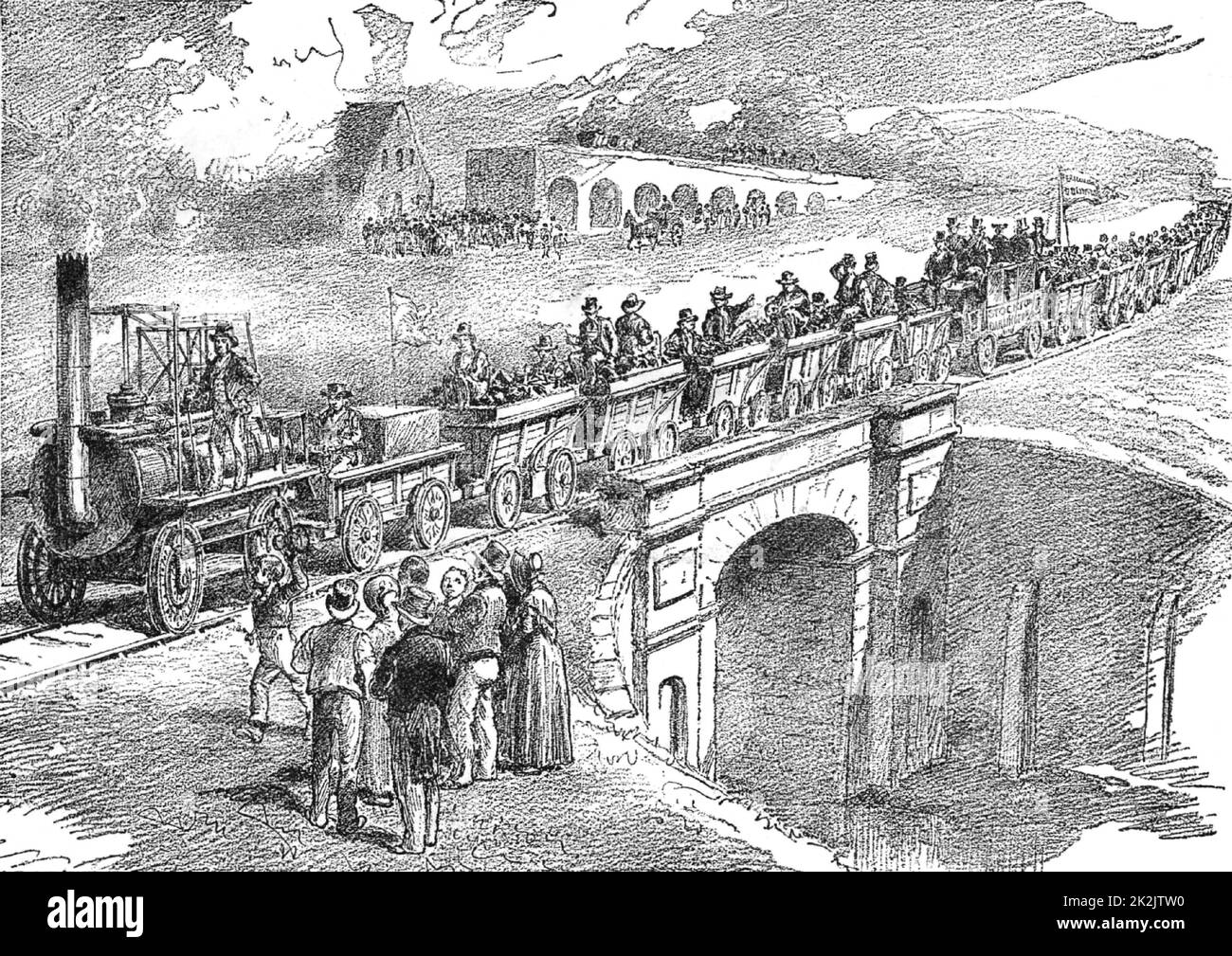 Apertura di Stockton e la stazione ferroviaria di Darlington, 27 settembre 1825. L'ingegnere civile per la linea era George Stephenson (1781-1848) da 'trionfi del vapore" da Henry Frith (Londra, c1898). Foto Stock