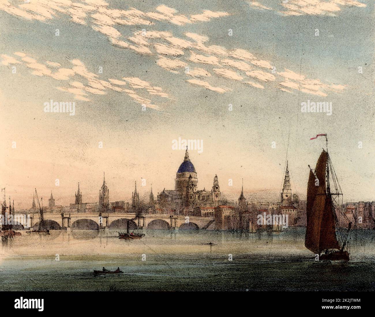 Nuvola di cirro-cumulo che si verifica in estate in clima caldo secco. Mostrato sul Tamigi, Londra, Inghilterra. In primo piano a destra si trova una tipica chiatta del Tamigi. Il ponte è Blackfriars, progettato da Robert Mylne (1734-1811), costruito nel 1760-1769 e sostituito nel 1860-1869. La Cattedrale di San Paolo si trova al centro del quadro. Da 'la bellezza dei cieli' di Charles F Blount (Londra, 1845). Litografia colorata. Foto Stock