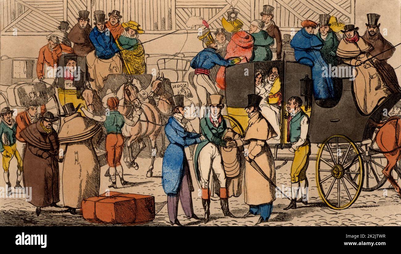 Vista nel cortile del Bull & Mouth, una locanda di coaching londinese, mostrando a Bob prendere il permesso dei suoi amici Tom e Jerry prima di salire a bordo della diligenza. Incisione colorata a mano da "Life in London" di Pierce Egan (Londra, c1820). Foto Stock