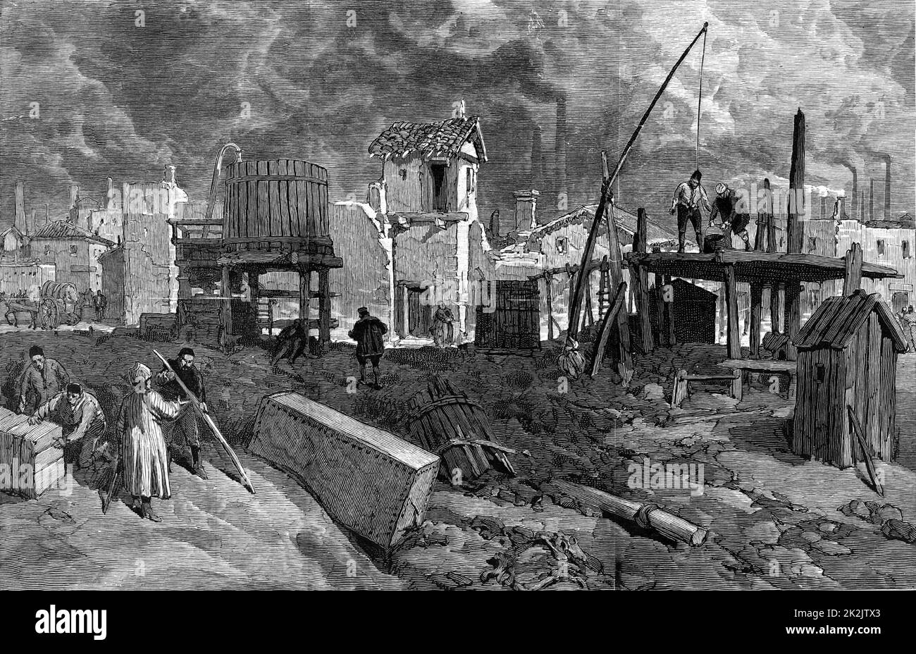 Pozzi petroliferi Nobel Brothers a Baku (Baky o Baki), Azerbaigian, sul Mar Caspio. Incisione dal 'The Illustrated London News' (Londra, 3 luglio 1886). Carburante. Idrocarburi. Foto Stock